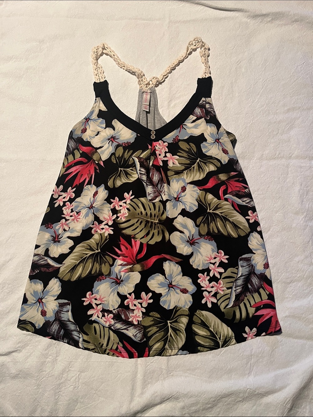 Xhilaration Black Floral Crochet-Back Tank